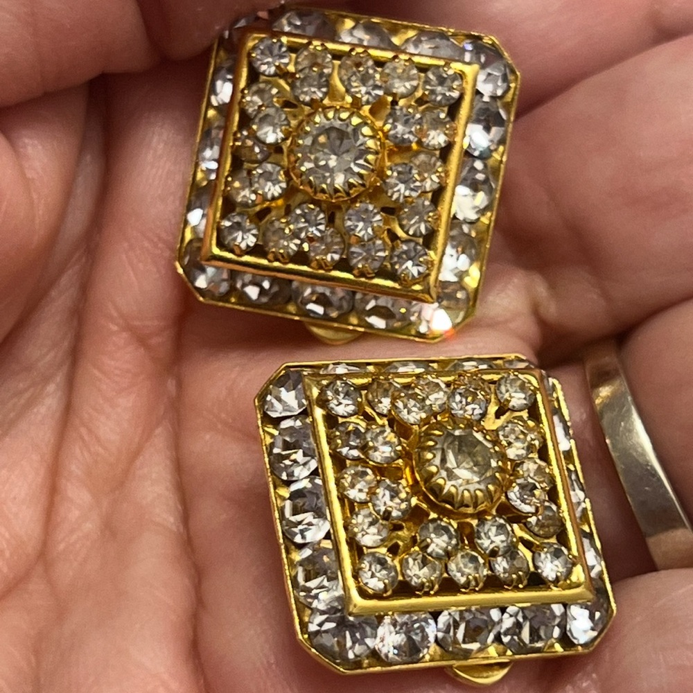 Vintage Clip On Statement Gold plated crystal Earrings Set